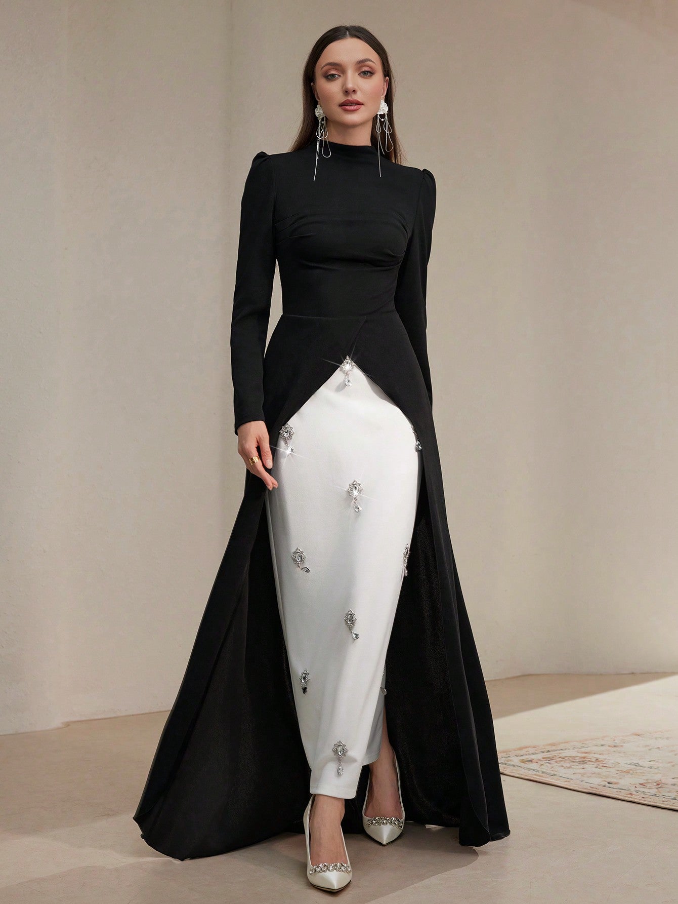 Elegant Color Block High Slit Rhinestone Detail Evening Dress