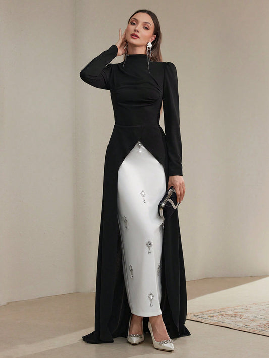 Elegant Color Block High Slit Rhinestone Detail Evening Dress