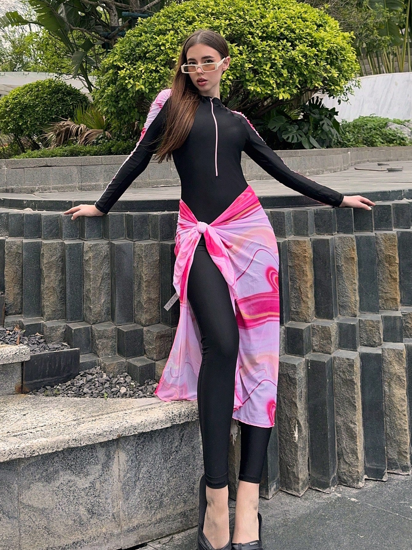 Long Sleeve Patchwork One Piece Swimwear With Covering