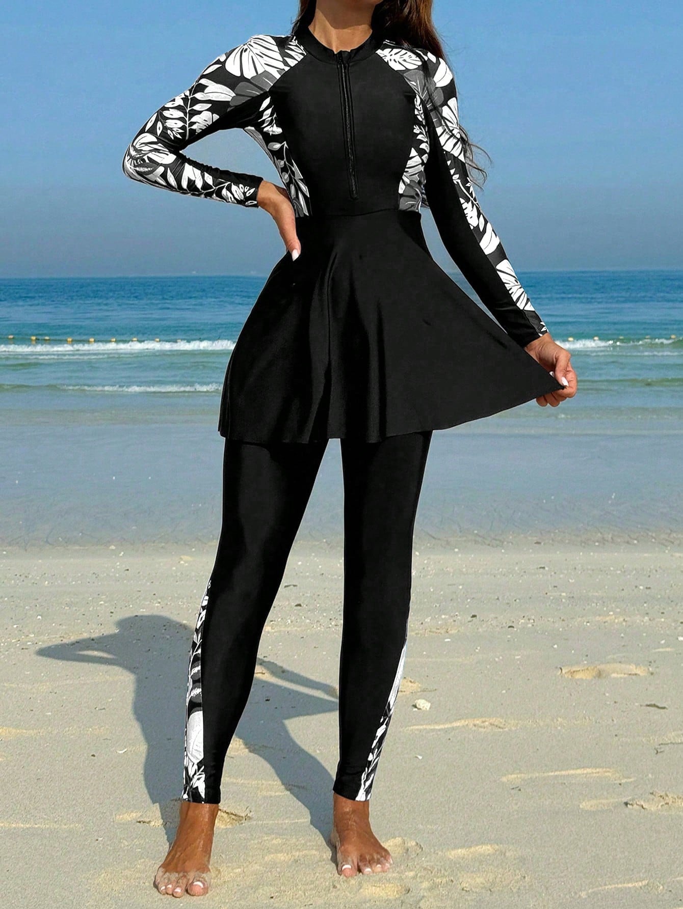 Printed High Neck Zipper Top With Ruffle Hem Long Sleeve And Pants  Swimwear Set