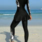 Printed High Neck Zipper Top With Ruffle Hem Long Sleeve And Pants  Swimwear Set