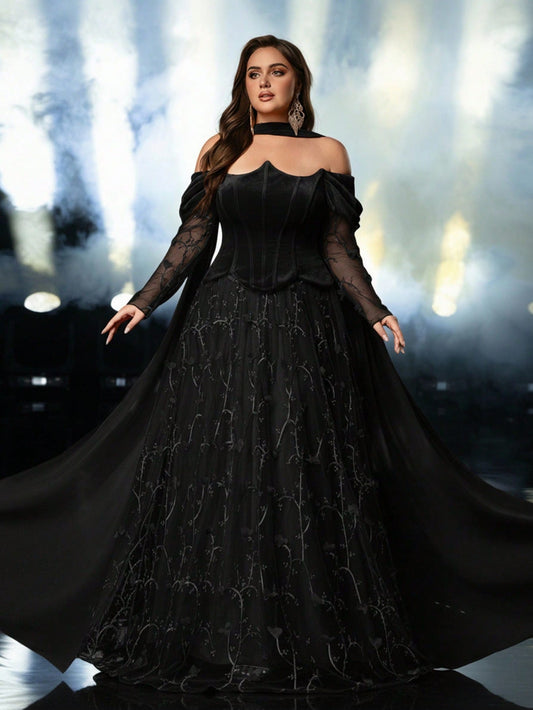 Plus Size Asymmetric Velvet Beaded Embroidered Halter Flared Evening Dress