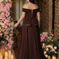 Plus Size Brown Off-Shoulder Neckline Pleated Silhouette Hem Luxurious 3D Beaded Chiffon A-Line Evening Dress