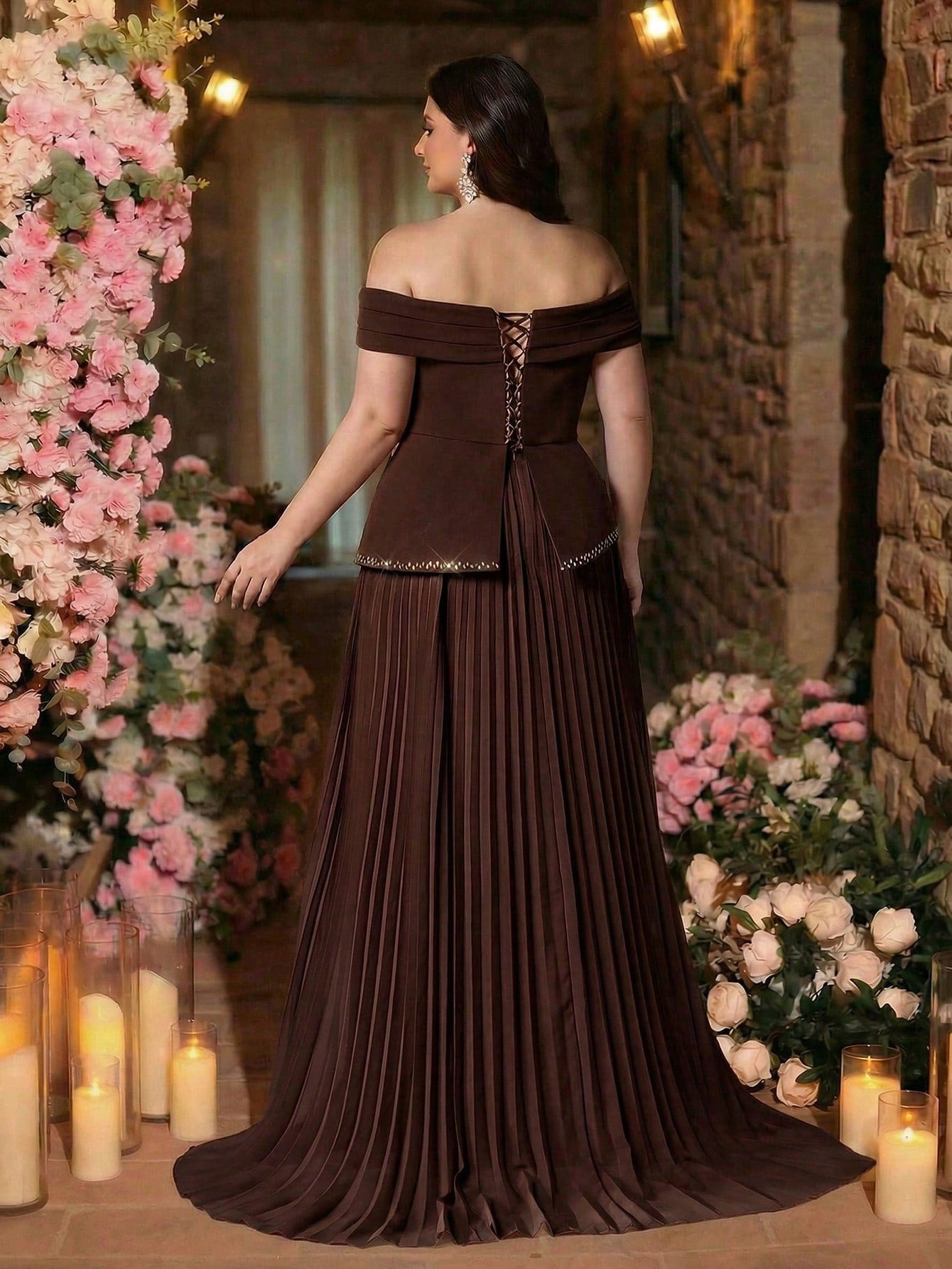 Plus Size Brown Off-Shoulder Neckline Pleated Silhouette Hem Luxurious 3D Beaded Chiffon A-Line Evening Dress