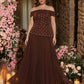Plus Size Brown Off-Shoulder Neckline Pleated Silhouette Hem Luxurious 3D Beaded Chiffon A-Line Evening Dress