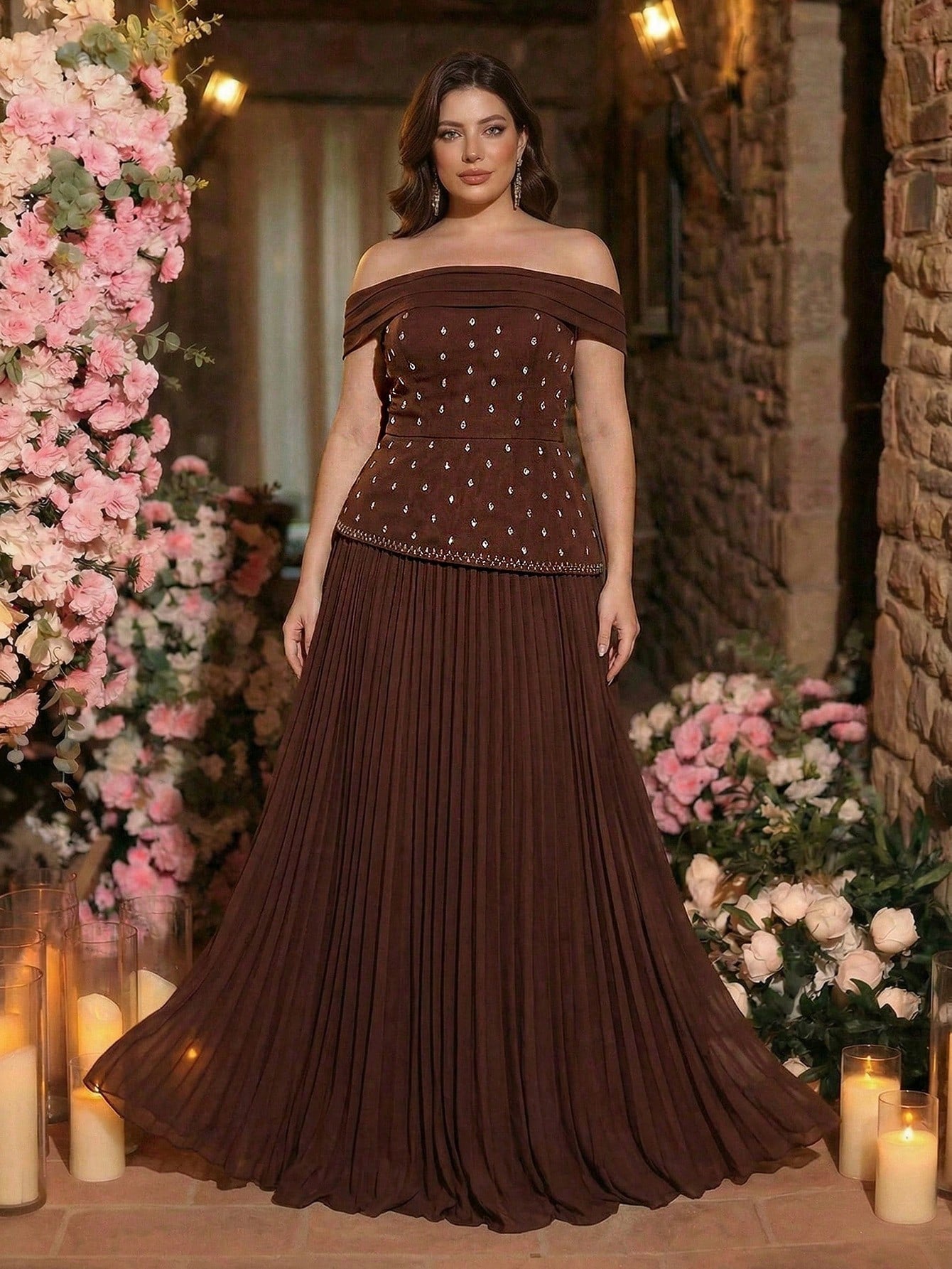 Plus Size Brown Off-Shoulder Neckline Pleated Silhouette Hem Luxurious 3D Beaded Chiffon A-Line Evening Dress