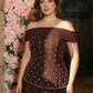 Plus Size Brown Off-Shoulder Neckline Pleated Silhouette Hem Luxurious 3D Beaded Chiffon A-Line Evening Dress