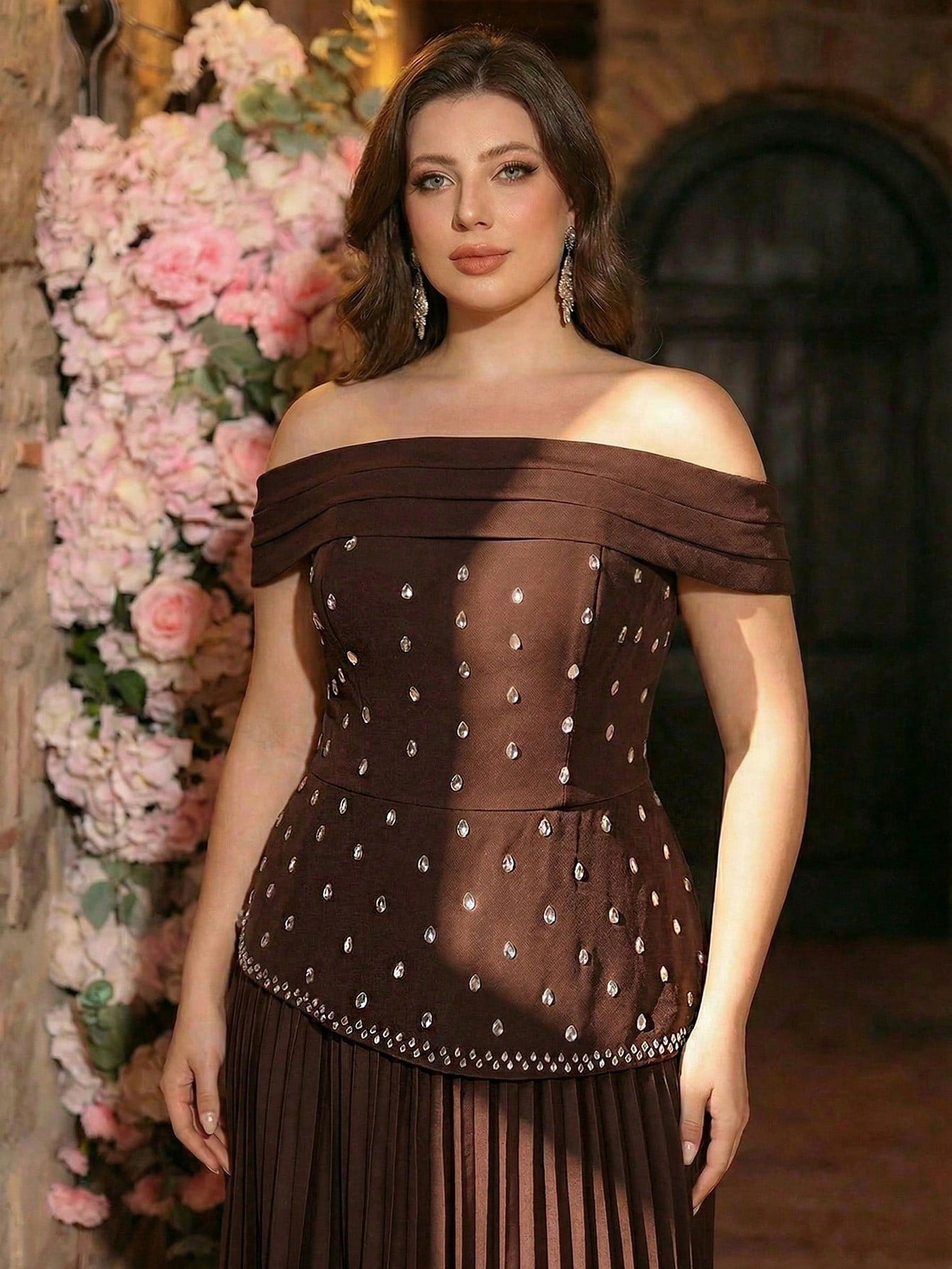 Plus Size Brown Off-Shoulder Neckline Pleated Silhouette Hem Luxurious 3D Beaded Chiffon A-Line Evening Dress