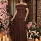 Plus Size Brown Off-Shoulder Neckline Pleated Silhouette Hem Luxurious 3D Beaded Chiffon A-Line Evening Dress