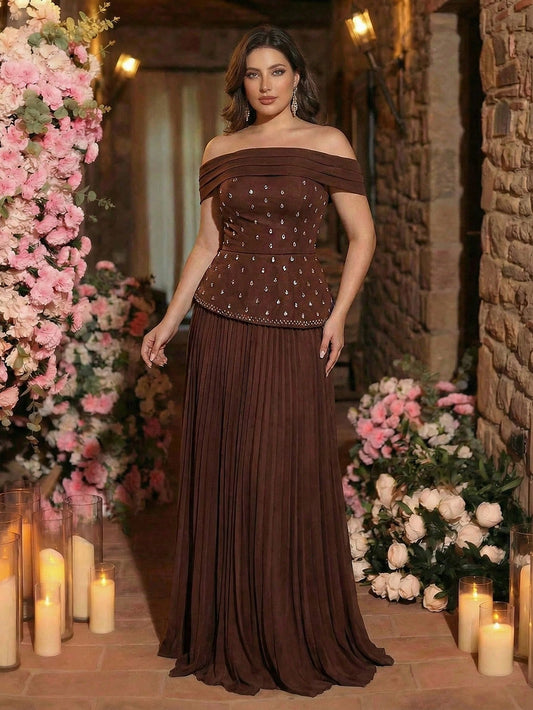 Plus Size Brown Off-Shoulder Neckline Pleated Silhouette Hem Luxurious 3D Beaded Chiffon A-Line Evening Dress