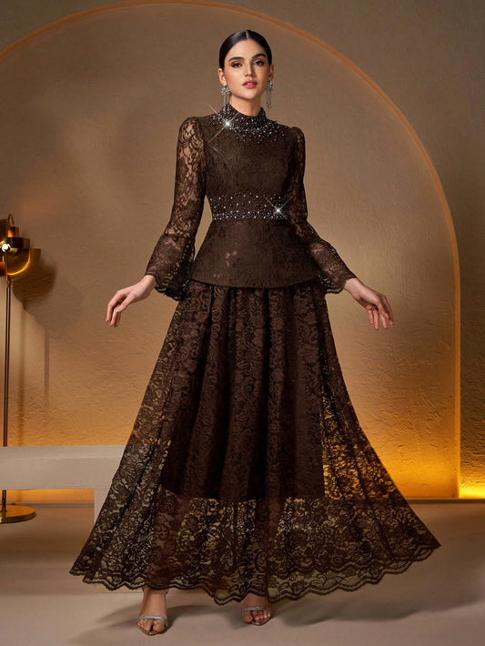 Faux Two-Piece Stand Collar Pearl & Rhinestone Details Dress