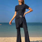 Black Short Sleeve Metal Buckle Top And Flare Pants Casual Swimwear Set