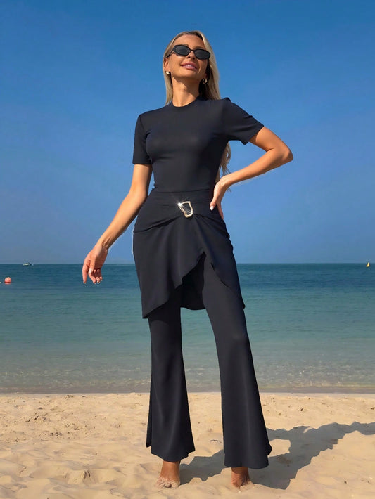 Black Short Sleeve Metal Buckle Top And Flare Pants Casual Swimwear Set