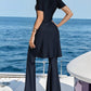 Black Short Sleeve Metal Buckle Top And Flare Pants Casual Swimwear Set