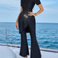 Black Short Sleeve Metal Buckle Top And Flare Pants Casual Swimwear Set