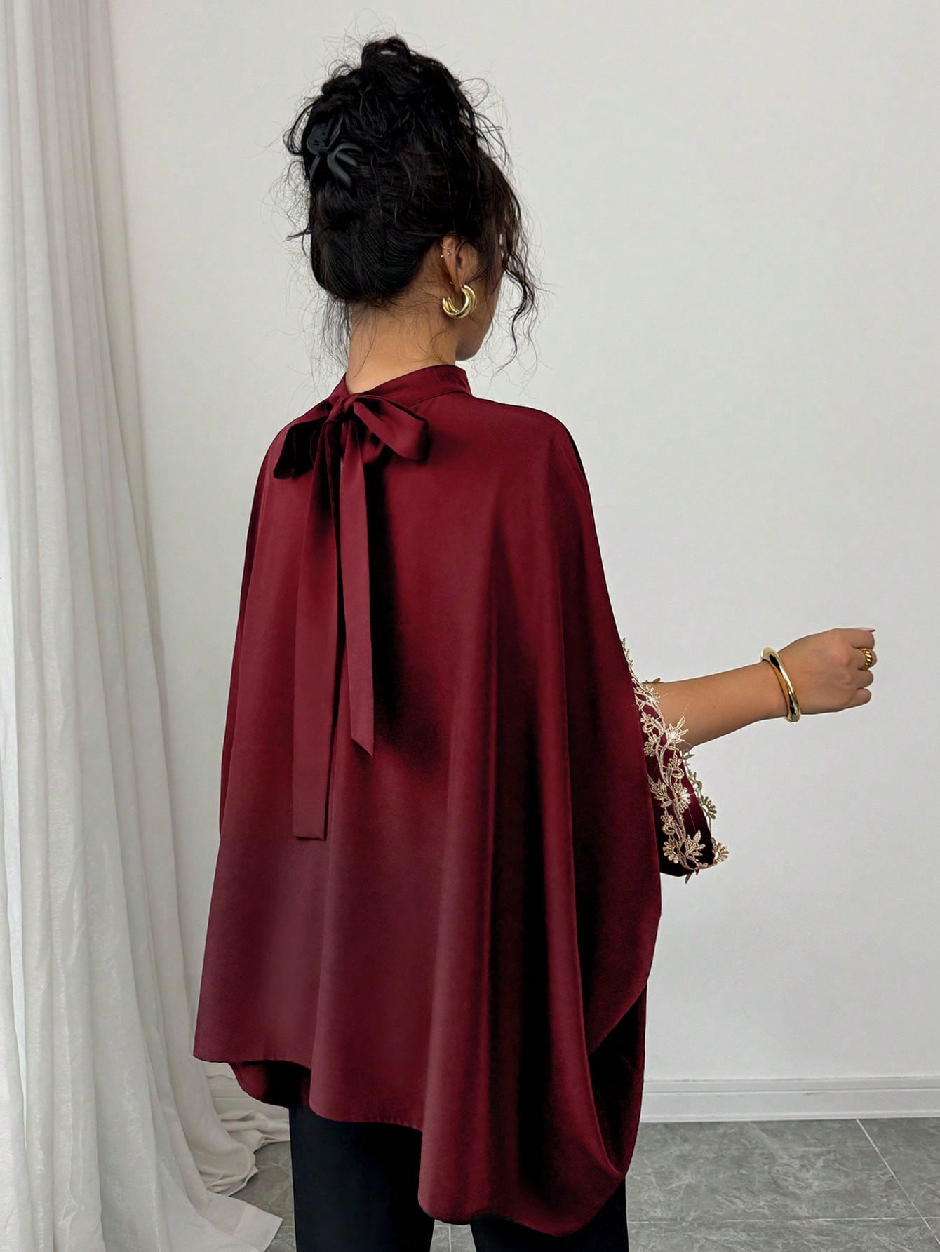 Batwing Sleeve Black Designed Loose Elegant Floral Lace Trim Blouse