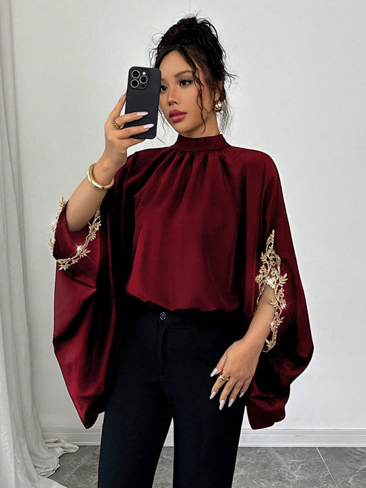 Batwing Sleeve Black Designed Loose Elegant Floral Lace Trim Blouse
