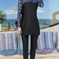 Long Sleeve Stand Collar Contrast Tropical Plant Print Swimwear Set
