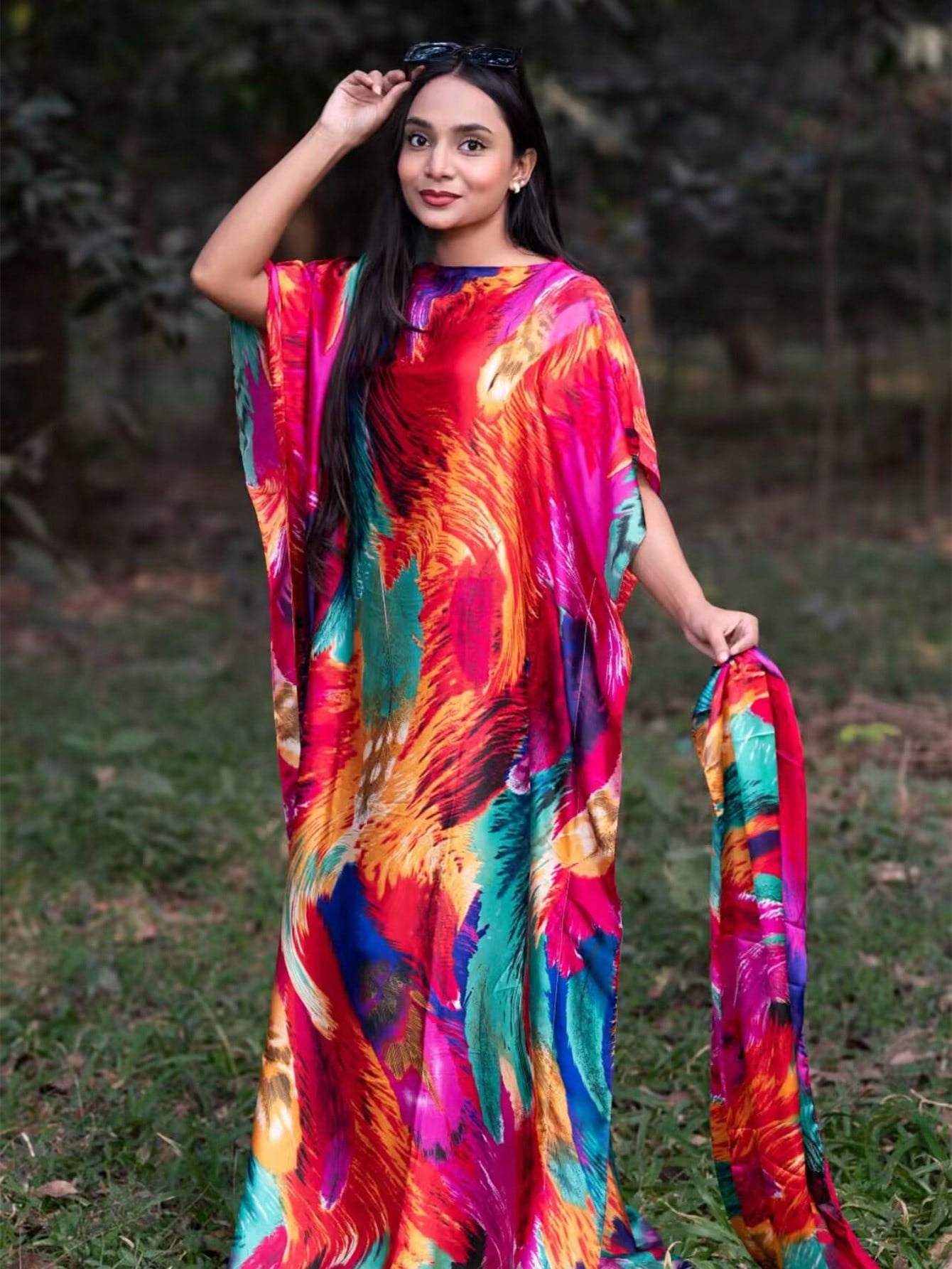 Silk-Like Casual Robe Vacation Kaftan with Scarve