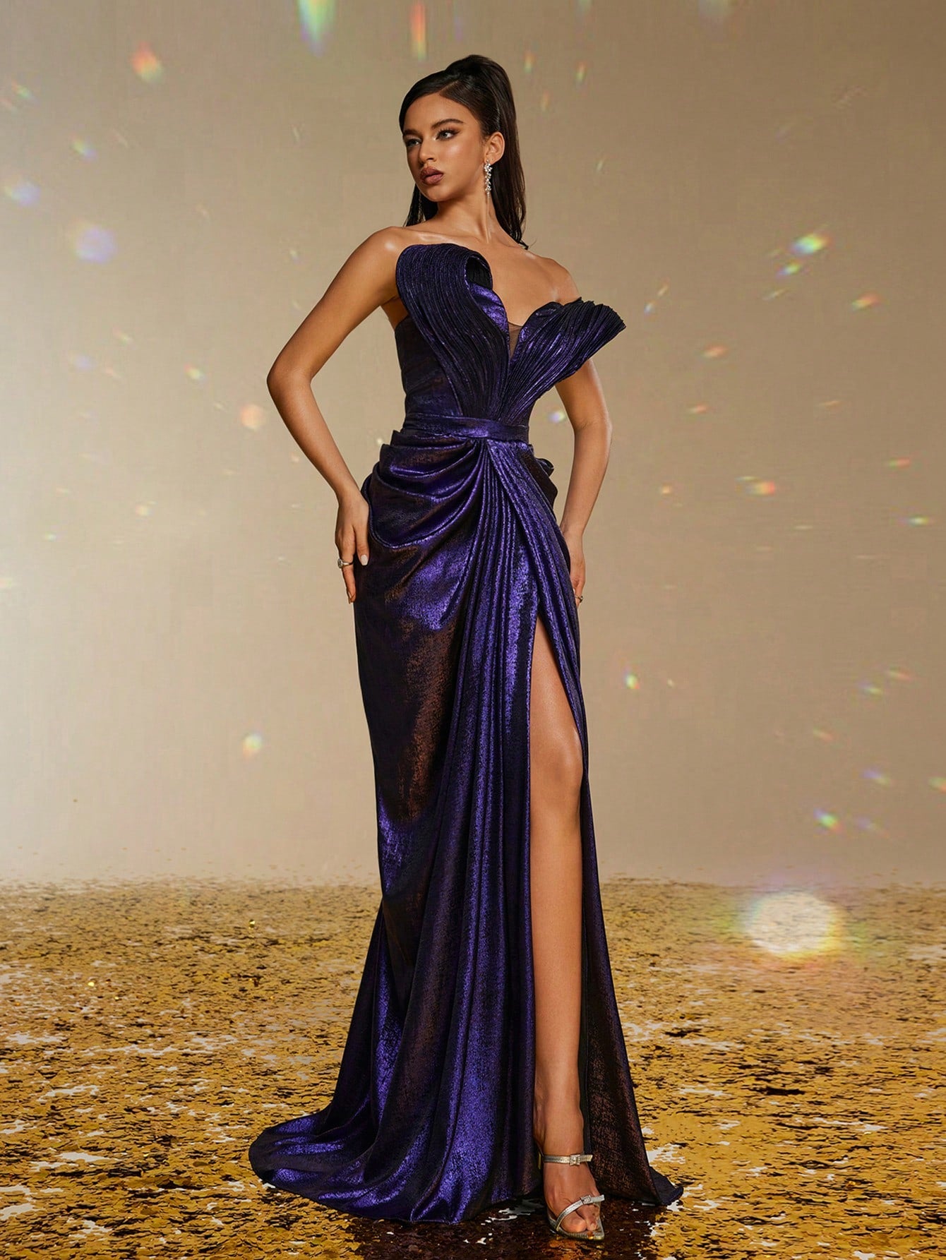 Metallic One Shoulder High Slit Long Evening Dress