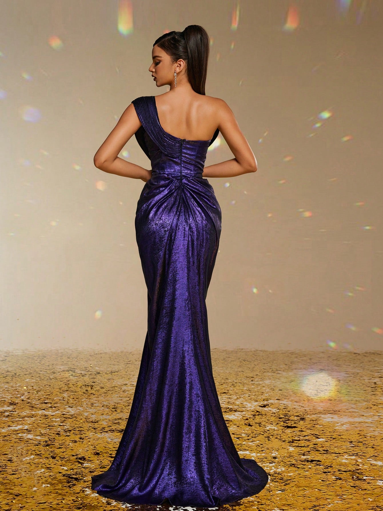 Metallic One Shoulder High Slit Long Evening Dress