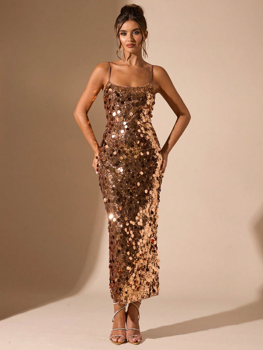 Backless Sequin Spaghetti Strap Cocktail Evening Dress