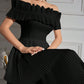 Off Shoulder Ruffle Trim Pleated Hem Dress
