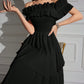Off Shoulder Ruffle Trim Pleated Hem Dress