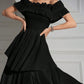Off Shoulder Ruffle Trim Pleated Hem Dress
