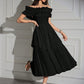 Off Shoulder Ruffle Trim Pleated Hem Dress