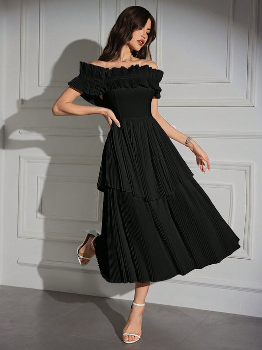 Off Shoulder Ruffle Trim Pleated Hem Dress