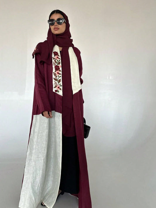 Embroidered Elegant Floral Embroidery Patchwork Color Block Linen Abaya