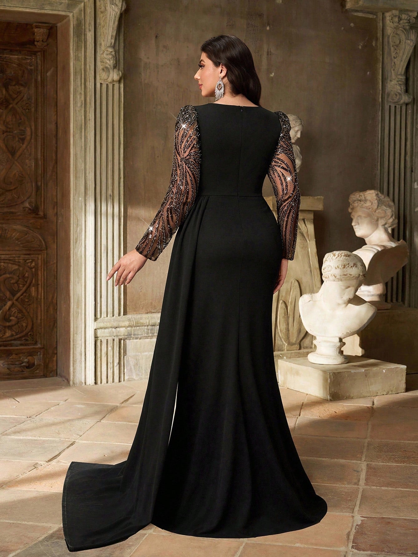 Plus Round Neck Long Sleeve Sequin  Knit Mermaid Evening Dress