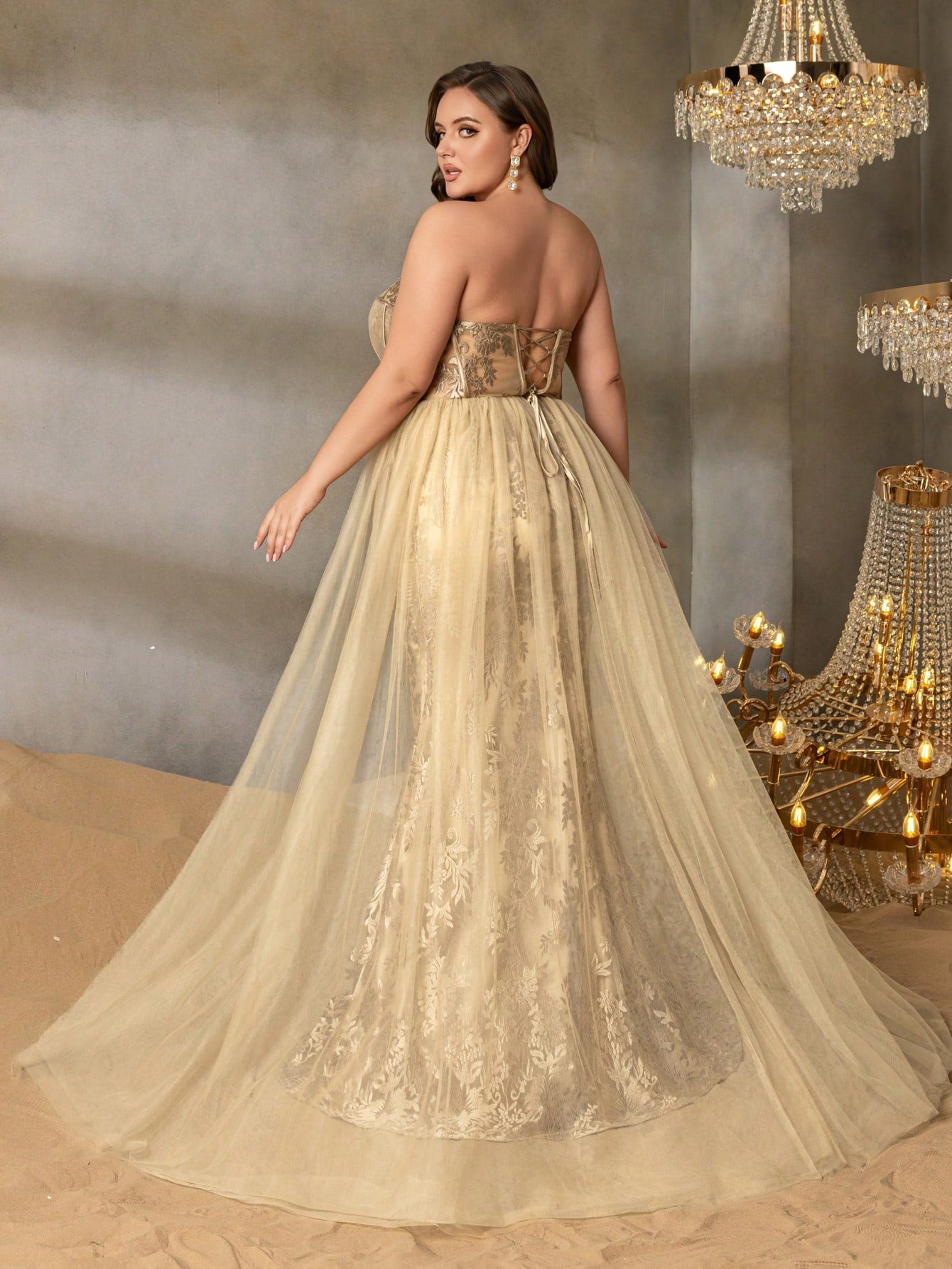 Plus Luxury Strapless Floral Embroidered Mermaid Evening Dress