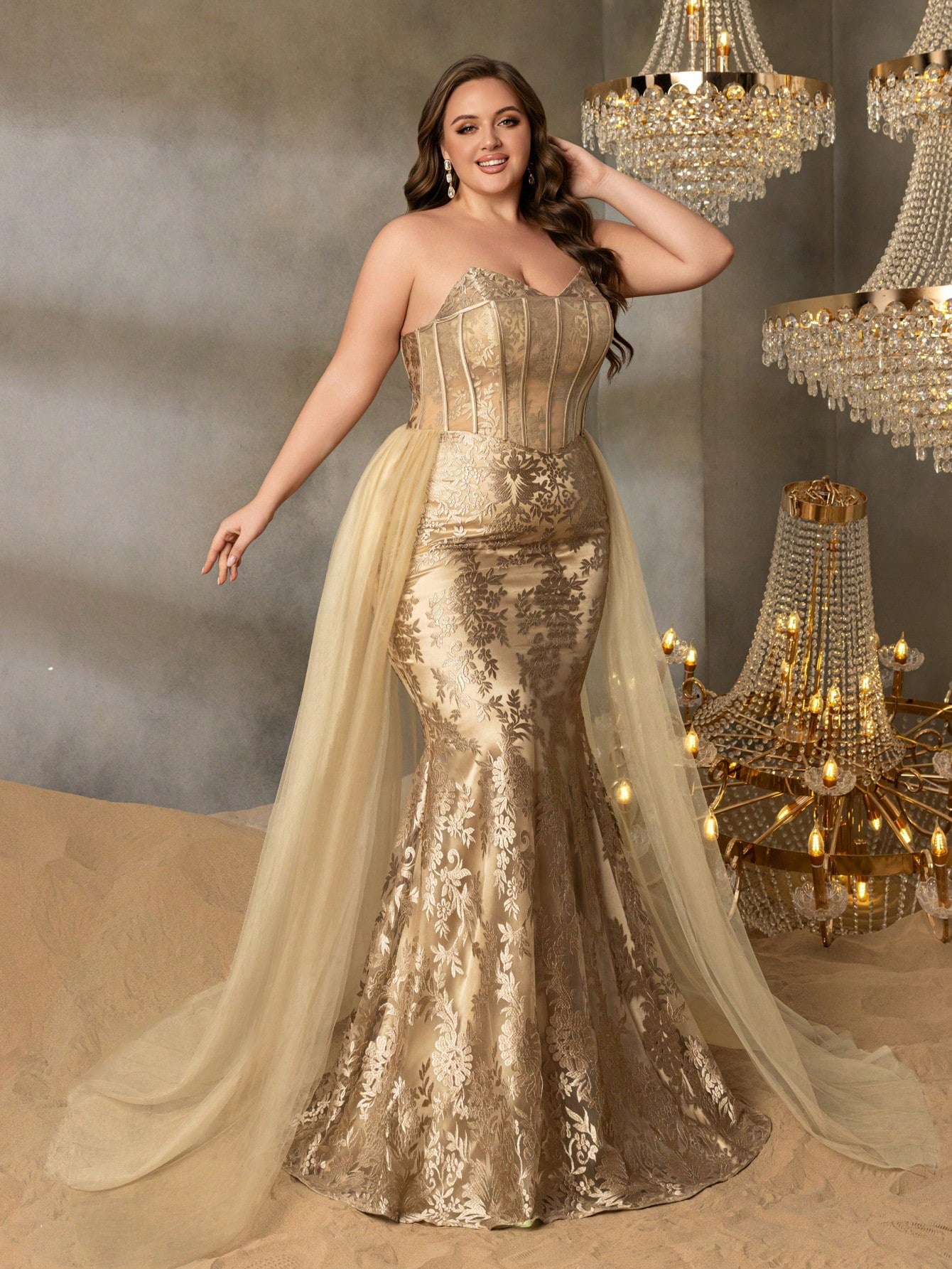 Plus Luxury Strapless Floral Embroidered Mermaid Evening Dress