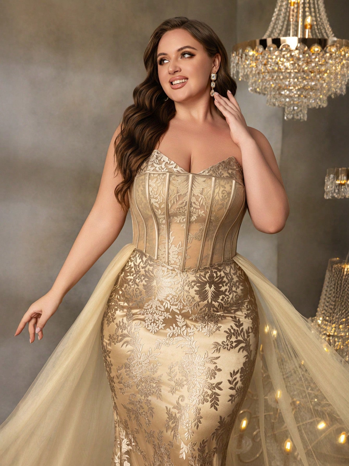 Plus Luxury Strapless Floral Embroidered Mermaid Evening Dress