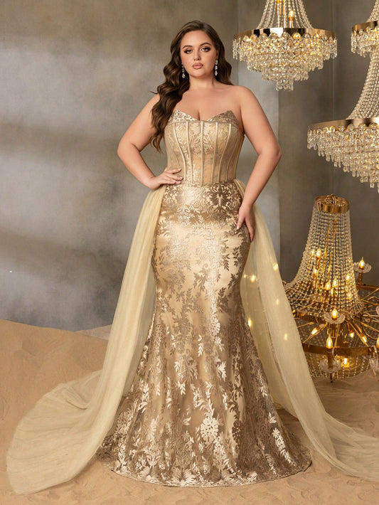 Plus Luxury Strapless Floral Embroidered Mermaid Evening Dress