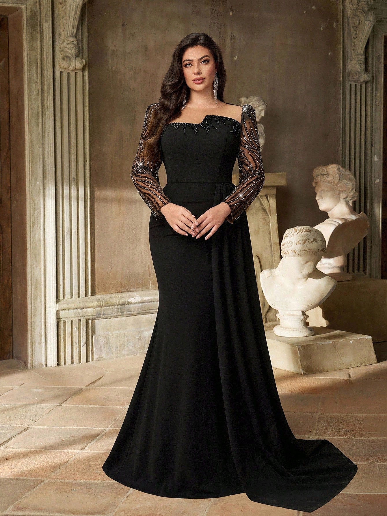 Plus Round Neck Long Sleeve Sequin  Knit Mermaid Evening Dress