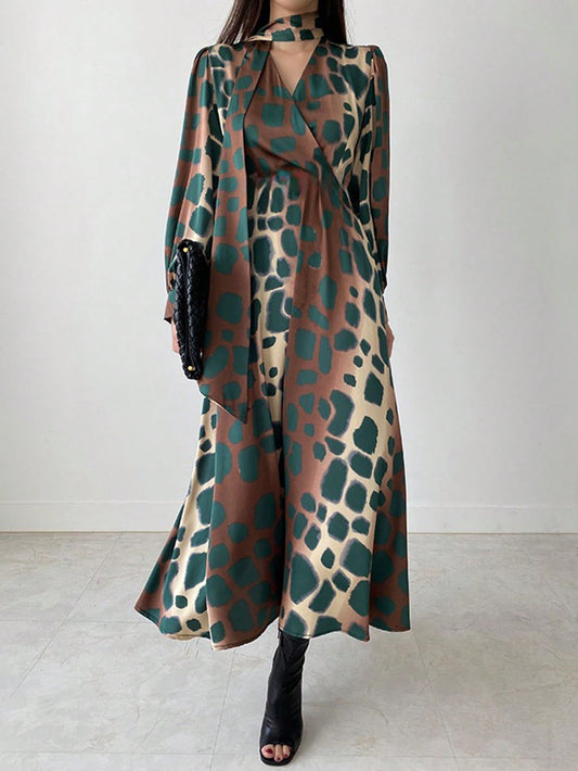 Tie Waist Asymmetrical Floral Print Mid-Calf Dress