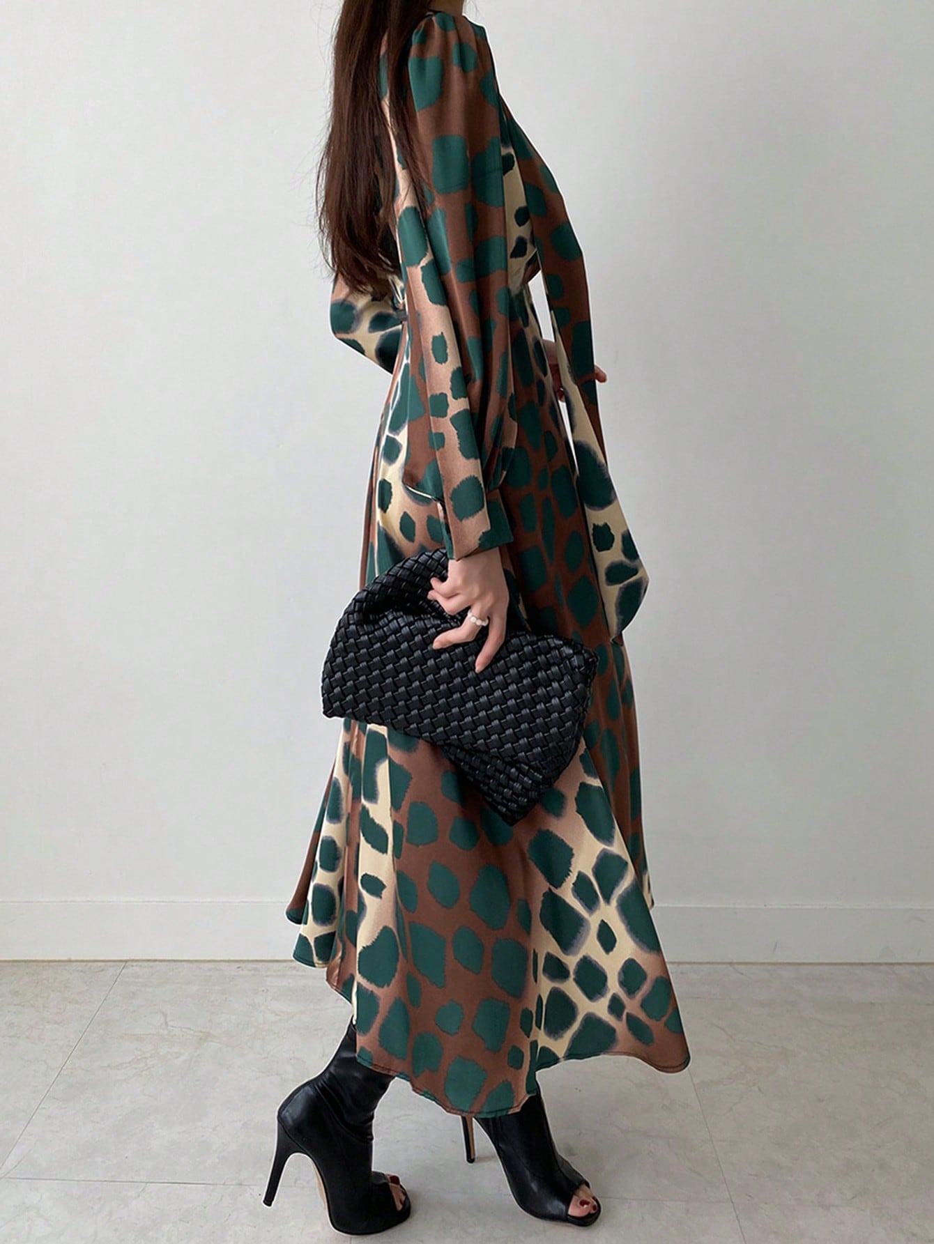 Tie Waist Asymmetrical Floral Print Mid-Calf Dress