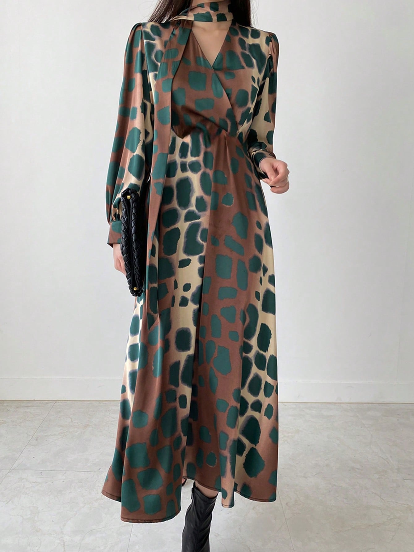 Tie Waist Asymmetrical Floral Print Mid-Calf Dress