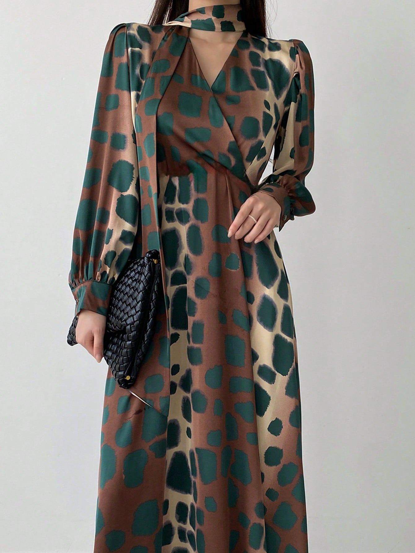 Tie Waist Asymmetrical Floral Print Mid-Calf Dress