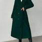 Padded Shoulder Turndown Collar Double Breasted Long Woolen Coat