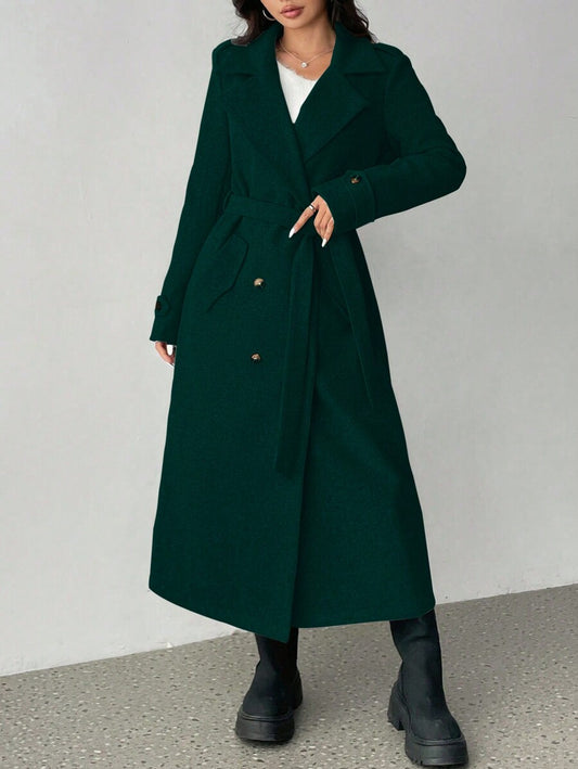 Padded Shoulder Turndown Collar Double Breasted Long Woolen Coat