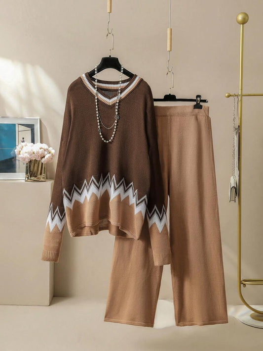 Plus Size Patchwork Knitted 2 Piece Set