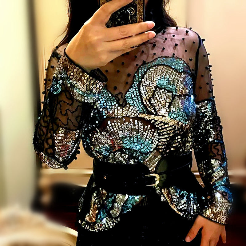 Sequins Floral Embroidery Blouse