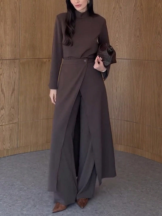 Stand Collar Long Sleeve Top Wide Leg Pants Apron 3-Piece Set