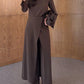 Stand Collar Long Sleeve Top Wide Leg Pants Apron 3-Piece Set