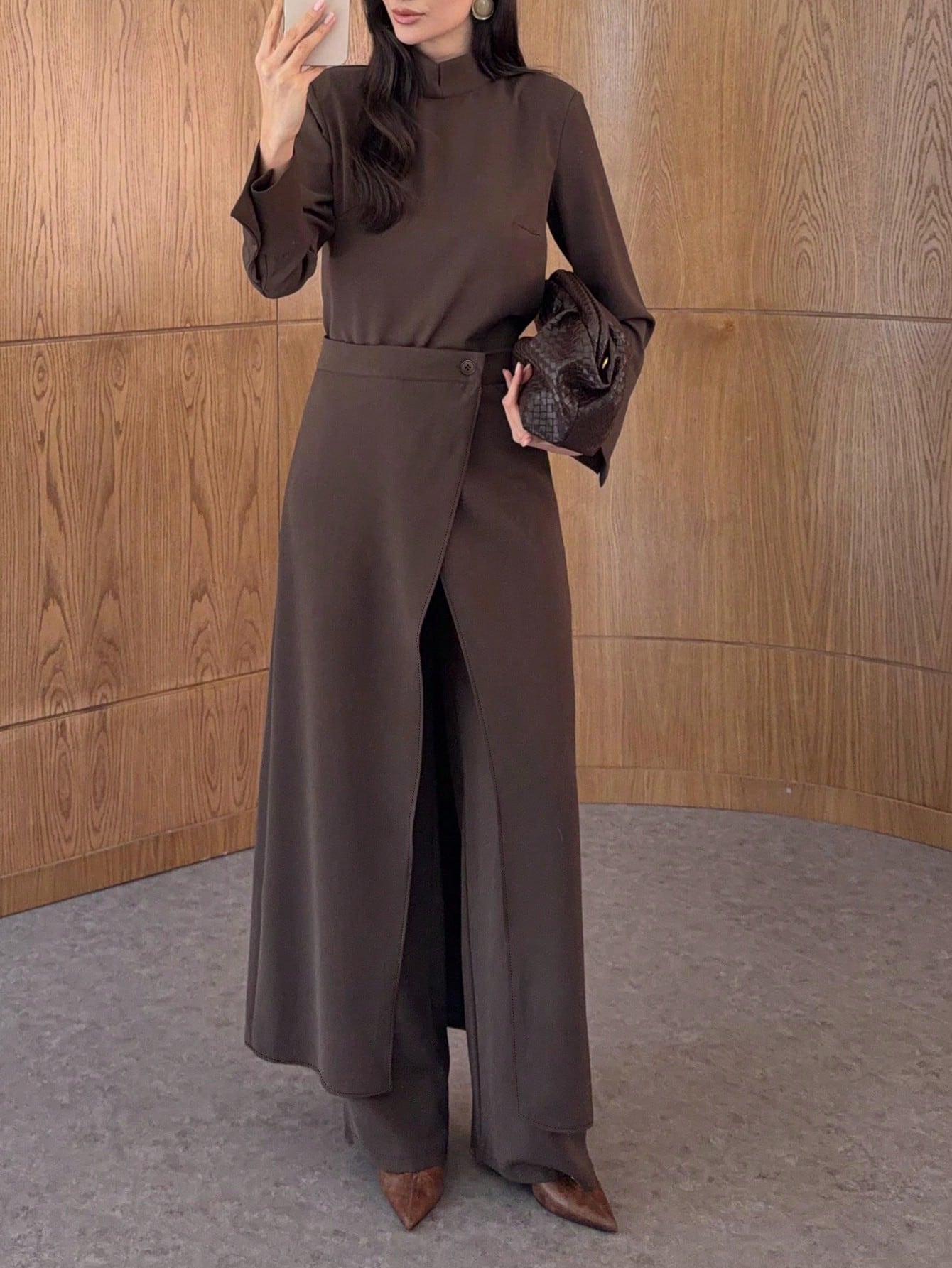 Stand Collar Long Sleeve Top Wide Leg Pants Apron 3-Piece Set