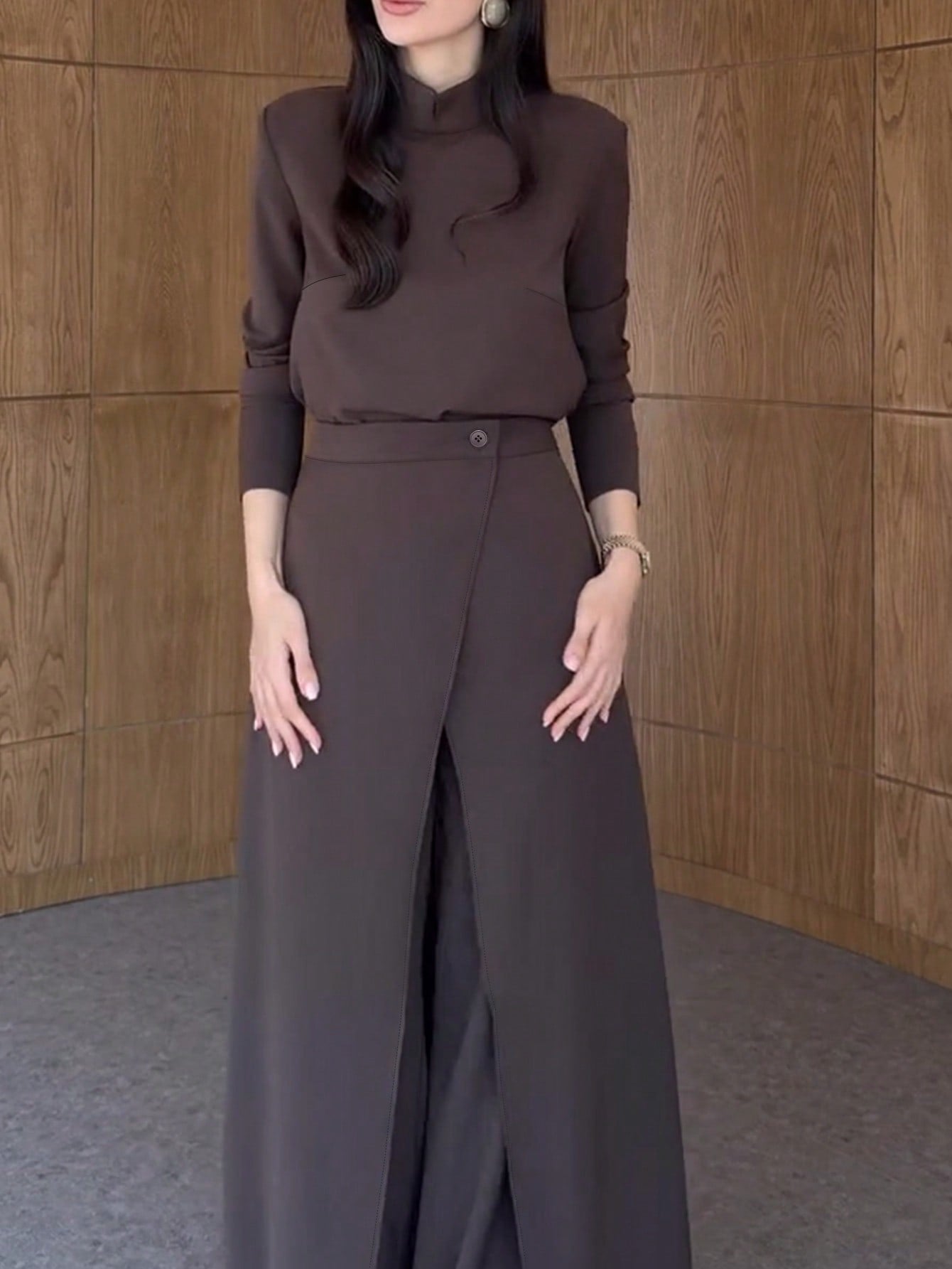 Stand Collar Long Sleeve Top Wide Leg Pants Apron 3-Piece Set